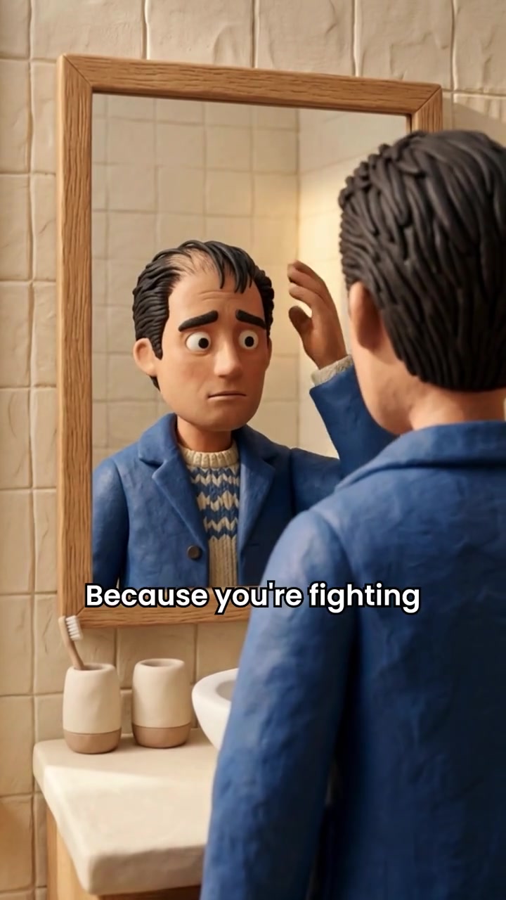 A scene from the Keeps claymation-style ad about the cost of concealing thinning hair