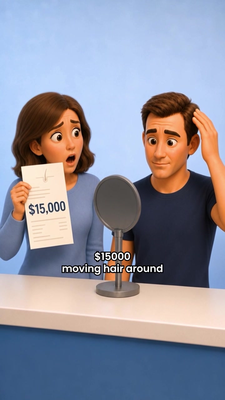 Animated couple reacting to a hair transplant invoice