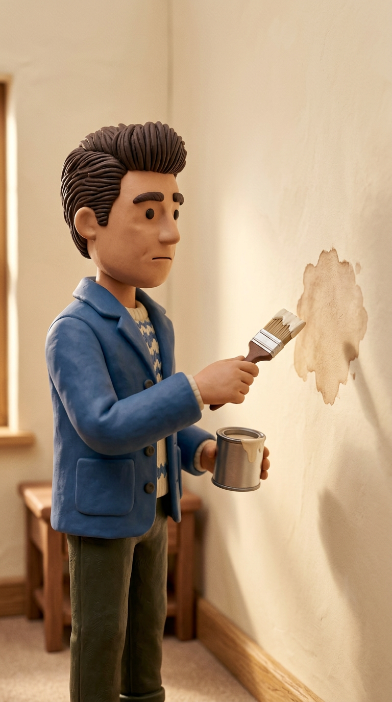 Generated frame of the character holding a paintbrush beside a stained wall