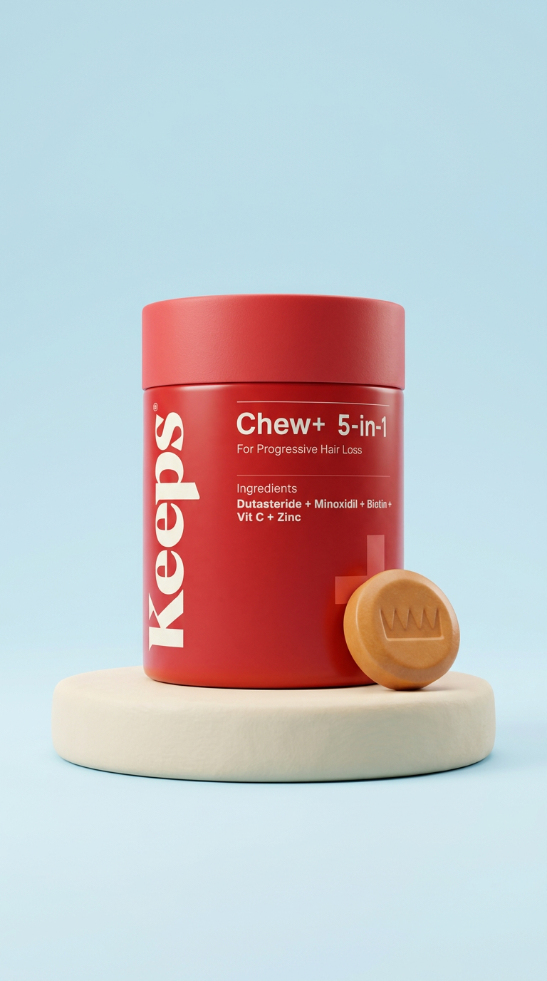 Generated product frame with a red Keeps container and round chew