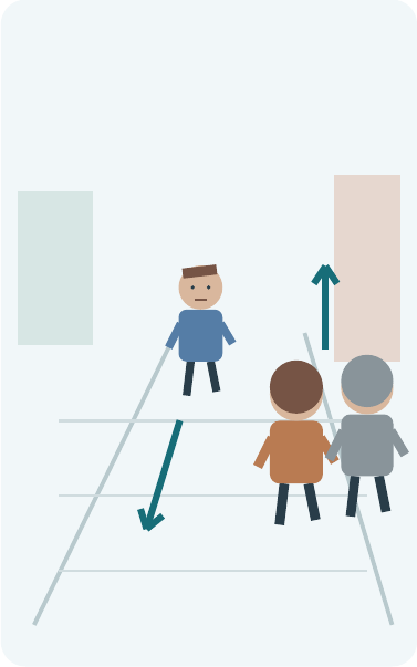 Rough layout of the man and two pedestrians, with arrows indicating their walking directions
