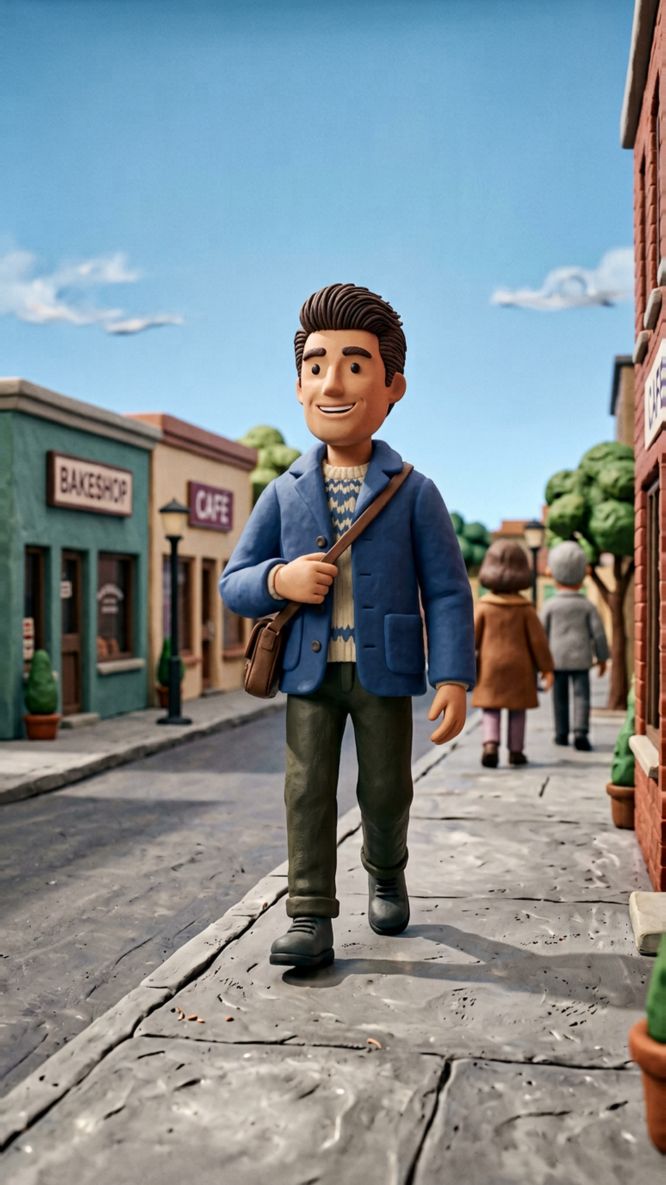 The Keeps claymation-style character walking along a sunlit street